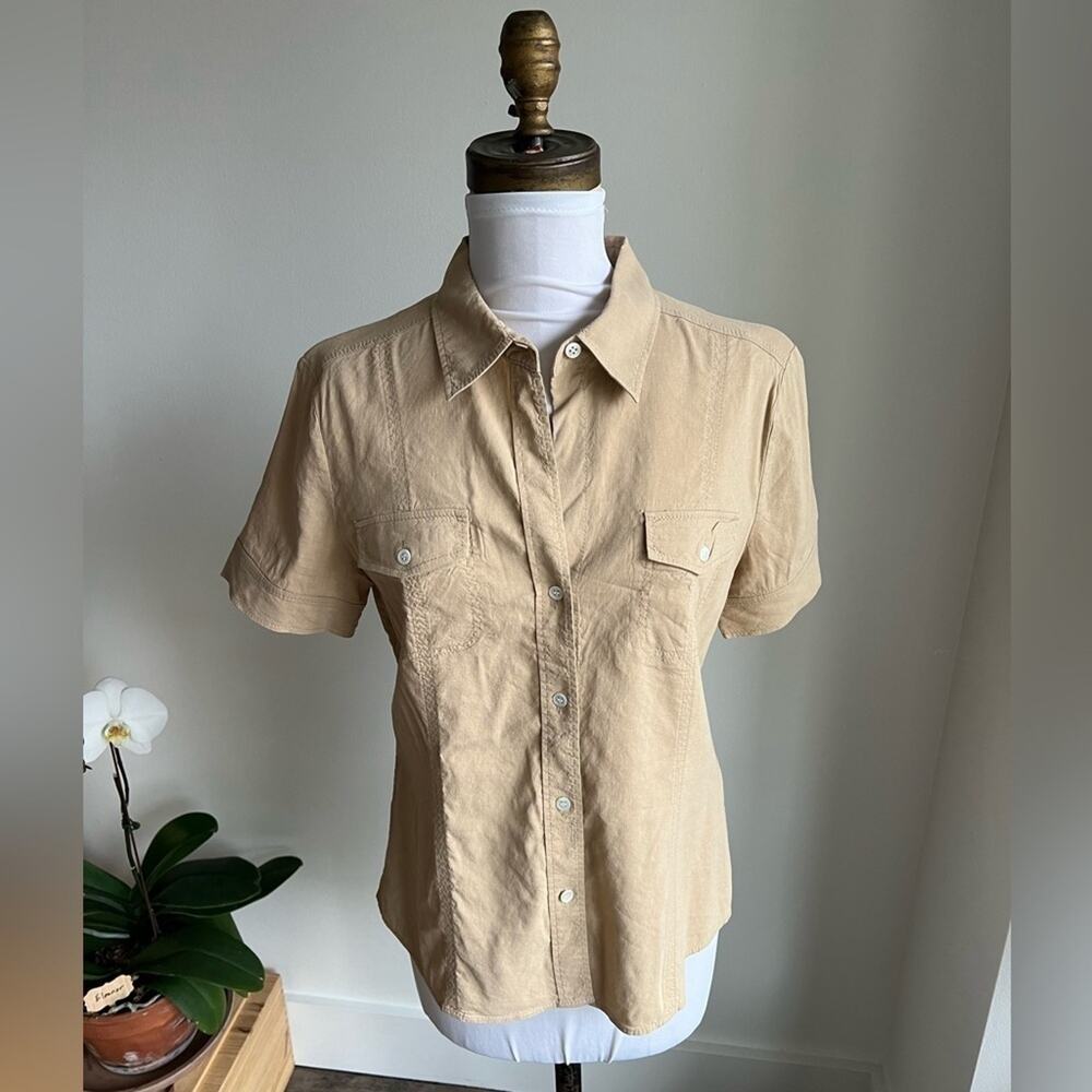 THEORY WOMENS SHORT SLEEVE BUTTON DOWN LINNEN SPANDEX KHAKI LARGE